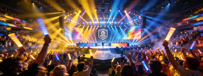 全球总决赛决赛现场舞台全景 - 灯光璀璨，观众沸腾